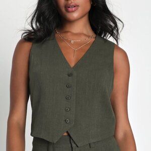 Lulus Suits You Perfectly Olive Green Linen Vest - Size L